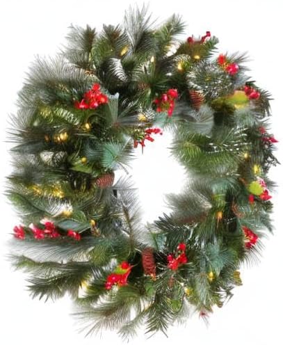 National Tree Company 24-Inch Pre-Lit Wintry Pine Flocked Christmas Wreath | LED Lights, Pinecones & Berries