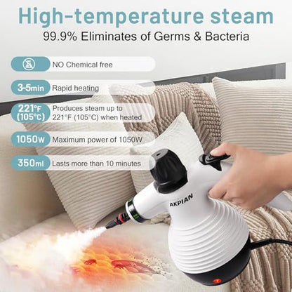 White Handheld Steam Cleaner for Home Cleaning with 10 Accessories