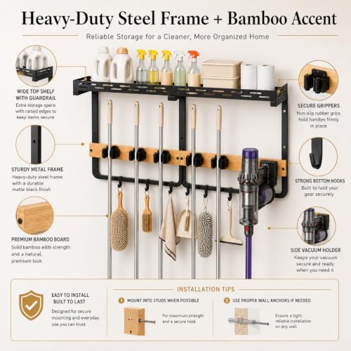 Wall Mount Broom and Mop Organizer with Shelf and Hooks for Laundry and Garage