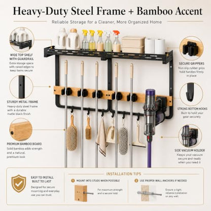 Wall Mount Broom and Mop Organizer with Shelf and Hooks for Laundry and Garage