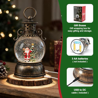 Christmas Snow Globe Lantern with Music & LED Lights - Santa Scene, USB & Battery Powered