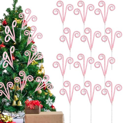 Christmas Candy Cane Picks Set - Pink & White Felt Tree Ornaments, 12 Pack