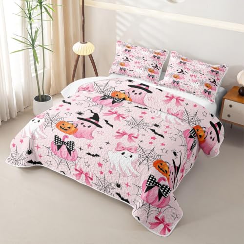 Pink Full Size Halloween Quilt Bedding Set - Fairy Ghost Cartoon Bedspread with Pillowcases