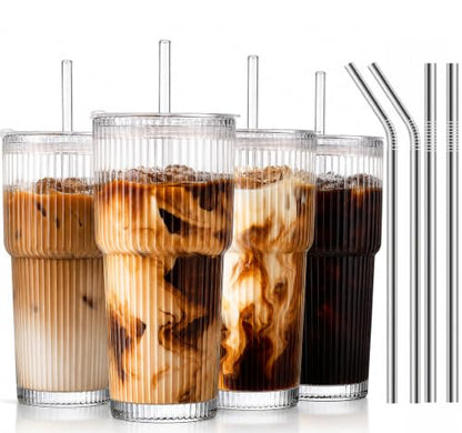 4 Pack 20oz Ribbed Glass Iced Coffee Cups with Lids & Straws - Clear