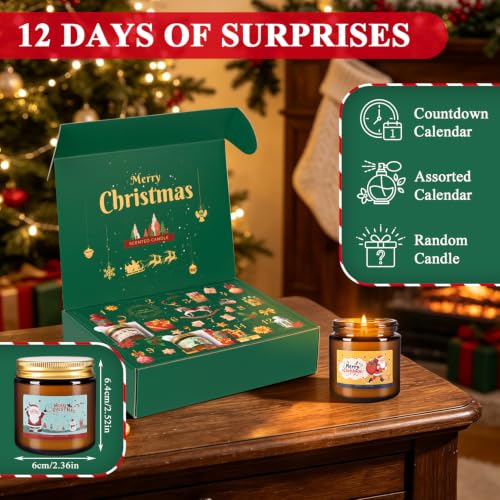 12pcs Holiday Scented Candles Set with Red & Green Variations Christmas Calendar Gift