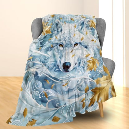 Lightweight Wolf & Maple Leaf Blanket 80x60 Inch Cozy Flannel Throw - Wolf01