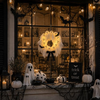Lighted Halloween Ghost Wreath for Front Door with Timer & 8 Modes