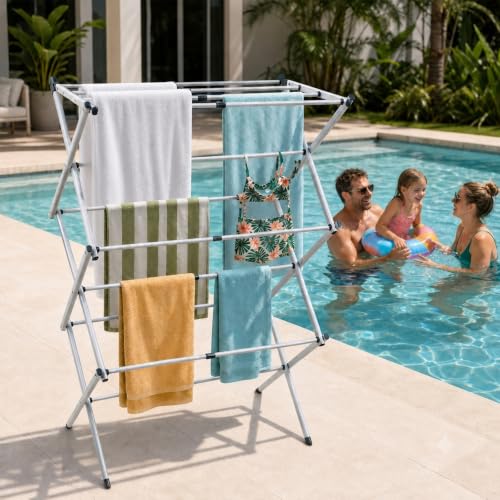 Outdoor Pool Towel Rack with Adjustable Telescopic Poles - Foldable & Portable