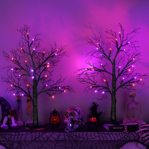Halloween Black Tree Decorations with Orange Purple LEDs - Style 1, 24 Inch, Indoor Home Centerpiece, Timer, Battery or USB Powered