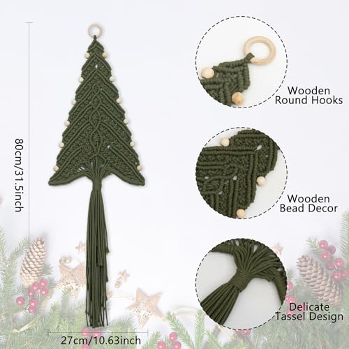 Sage Green Boho Macrame Christmas Tree Wall Hanging with Wood Beads - Handmade Holiday Decor, 32 x 11 Inches, Variation: Sage Green Beige