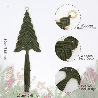 Sage Green Boho Macrame Christmas Tree Wall Hanging with Wood Beads - Handmade Holiday Decor, 32 x 11 Inches, Variation: Sage Green Beige