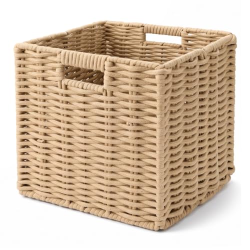 Khaki Cotton Rope Cube Storage Basket 11 Inch Foldable Organizer with Handles