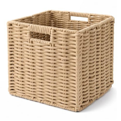 Khaki Cotton Rope Cube Storage Basket 11 Inch Foldable Organizer with Handles
