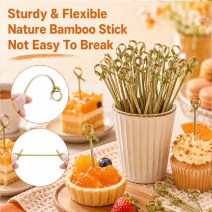 1200 Pcs Bamboo Cocktail Picks with Green Looped Knot - Food Skewers for Parties