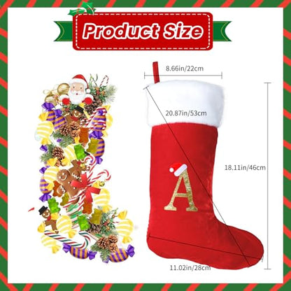 Monogram Christmas Stockings with Letters - 18 Inch White Plush Cuff with Red Velvet - Holiday Gift & Decor - Variation A