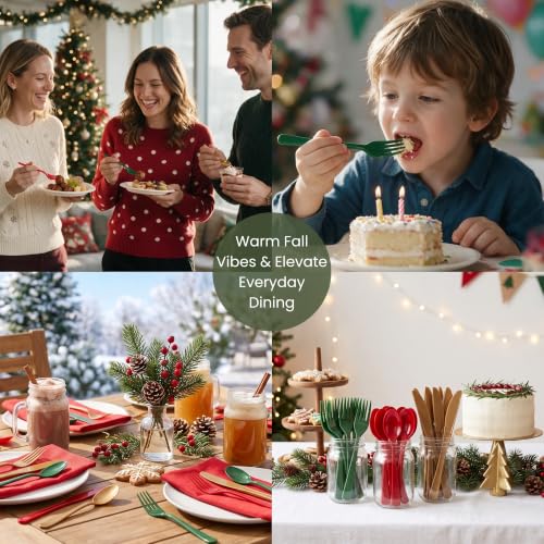 Christmas Plastic Silverware Set 300pcs Full Size Disposable Cutlery - Red Green Gold
