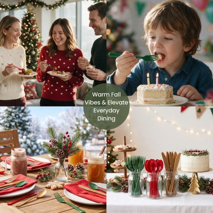 Christmas Plastic Silverware Set 300pcs Full Size Disposable Cutlery - Red Green Gold