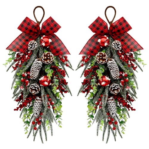 Christmas Teardrop Swag Decorations - Red Checked Bow, Pinecones & Bells, 28 Inch - Green Variation
