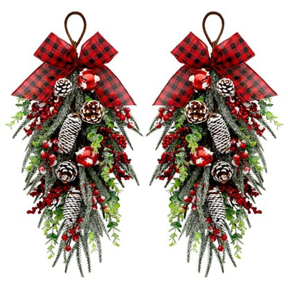 Christmas Teardrop Swag Decorations - Red Checked Bow, Pinecones & Bells, 28 Inch - Green Variation