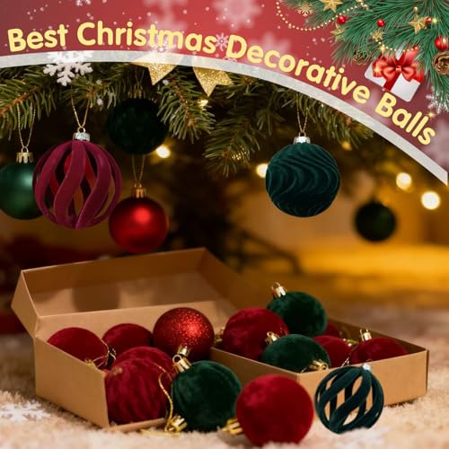 Red Velvet Flocked Christmas Balls Set - 12PCS 2.2-Inch Holiday Ornaments