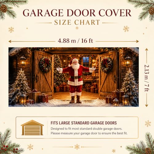 Christmas Garage Door Cover Decorations Santa Welcomes You Home Banner - 16x7 ft, Outdoor Weather-Resistant Fabric, Complete Hanging Kit Included