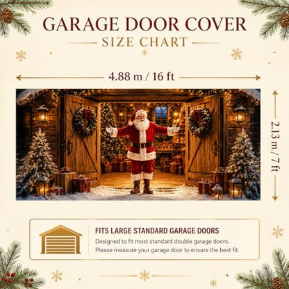 Christmas Garage Door Cover Decorations Santa Welcomes You Home Banner - 16x7 ft, Outdoor Weather-Resistant Fabric, Complete Hanging Kit Included