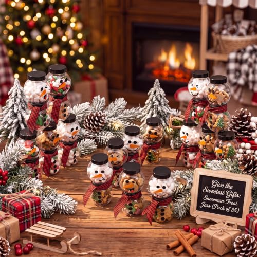 Christmas Snowman Candy Jars Set with Gingham Ribbon - 12 Pcs