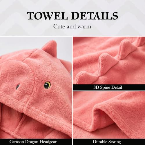 Kids Dinosaur Hooded Towel Pink Fleece Poncho for Bath & Pool