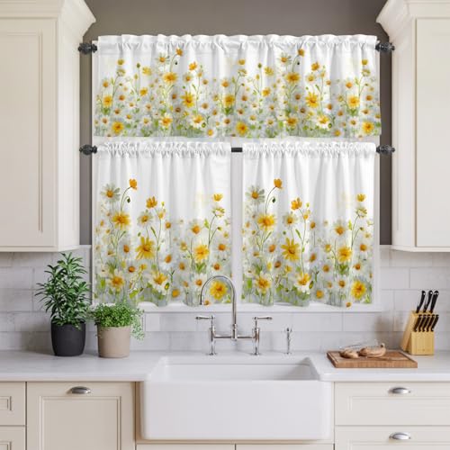 Yellow White Daisy Kitchen Curtains Set - Small 24 Inch Length, Farmhouse Style, Rod Pocket Window Tiers and Valance - Pack of 3