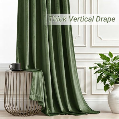 Olive Green Velvet Curtain Panels 84 Inch Long Pinch Pleated 2 Pack
