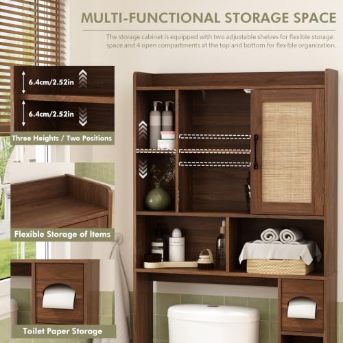 Rattan Over The Toilet Storage Cabinet - Walnut Finish Bathroom Organizer