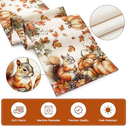 Fall Pumpkin Squirrel Table Runner - Autumn Thanksgiving Kitchen Decor 13x72 Inch - Squirrel Variation