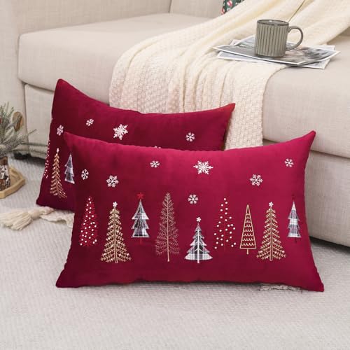 Red Christmas Embroidery Throw Pillow Covers 16x26 Set of 2 Velvet Xmas Tree Snowflake Decor