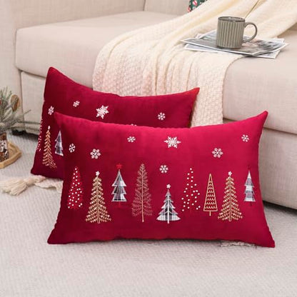 Red Christmas Embroidery Throw Pillow Covers 16x26 Set of 2 Velvet Xmas Tree Snowflake Decor