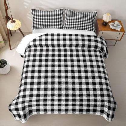 Black White Grid Quilt Set Twin Size with Pillowcase Kids Bedroom Decor