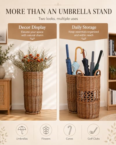 Natural Rattan Umbrella Stand Storage - Rustic Design for Flowers & Canes - Variation A