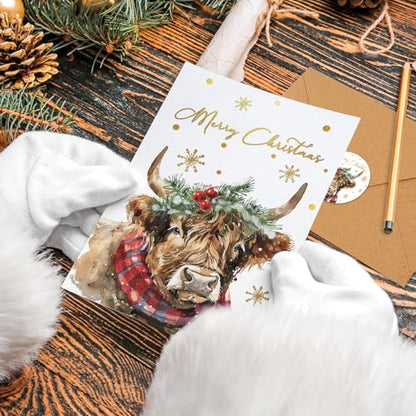 Highland Cow Christmas Greeting Cards Set - Gold Foil Snowflake Watercolor Holiday Note Cards with Envelopes & Stickers - Highland Cow Variation 1