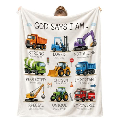God Says I Am Construction Truck Throw Blanket for Boys - Christian Bible Verse Kids Bedding - 40x50 Inches - Religious Gift for Boys Variation of THIS listing