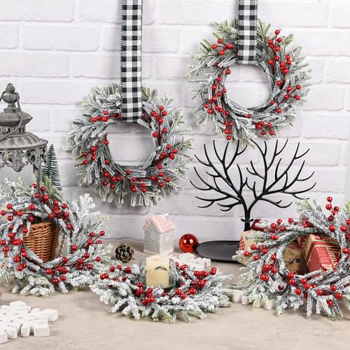 Mini Christmas Wreaths Set with Adjustable Ribbon - White & Black Plaid, 12 Pcs