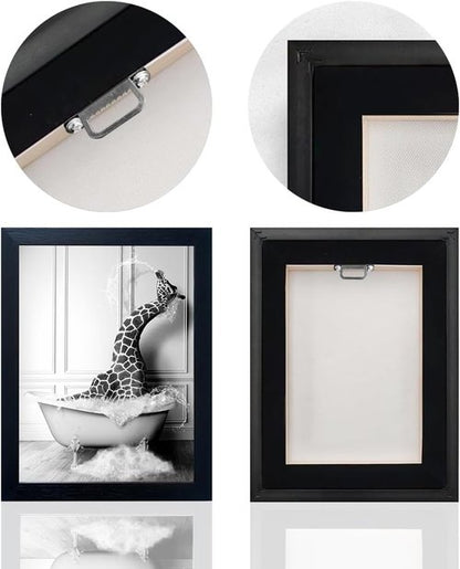 Funny Giraffe in Bathtub Canvas Wall Art - Black and White Bathroom Decor | Framed Farmhouse Style