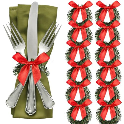 Christmas Napkin Rings Set of 12 Mini Pine Wreath with Red Bow Holiday Decor