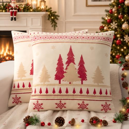 Christmas Pillow Covers 18x18 Inches Velvet Rustic Red Beige Snowflake Pine Tree 2 Pack - Variation of Red-Beige 1