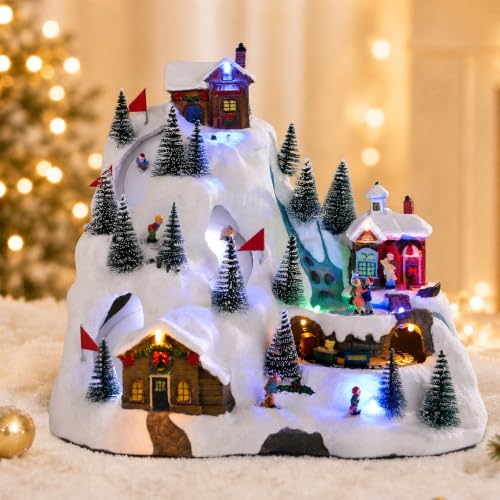 Animated Christmas Village Ski Mountain with Moving Train & Skaters - Holiday Decor