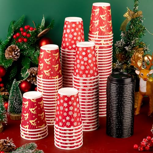 Christmas Cups with Lid 12oz Elk Snowflake Design - Pack of 100, Holiday Party Tableware