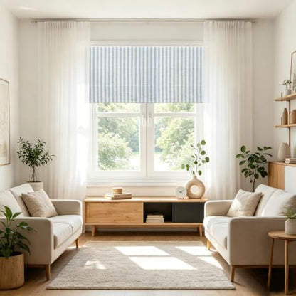 Blue White Striped Linen Roman Shade - Customized, 1 Panel, Cordless