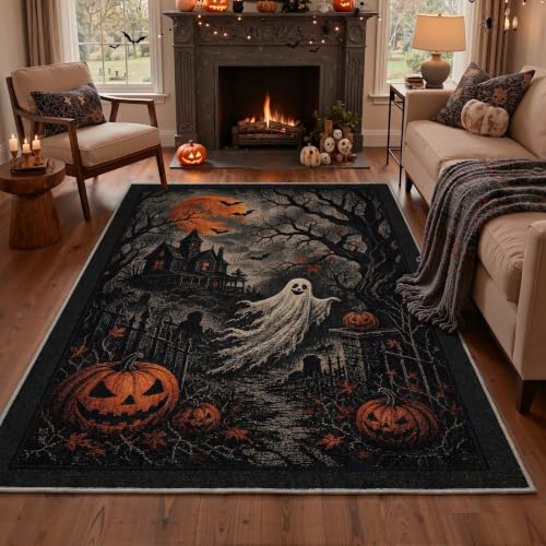 Halloween Scene Area Rug 5x7 Inch for Living Room - Gothic Orange Variation