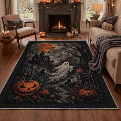 Halloween Scene Area Rug 5x7 Inch for Living Room - Gothic Orange Variation