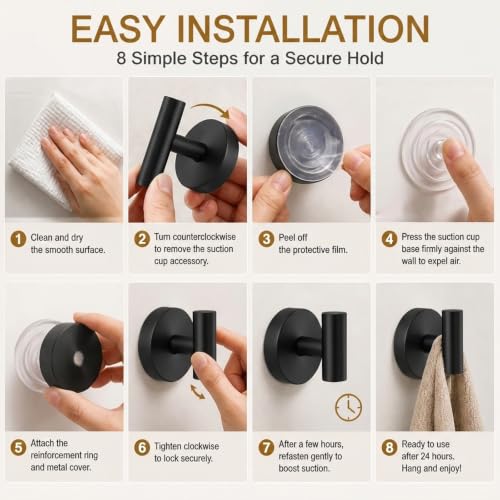 Black Suction Cup Towel Hooks for Shower No Drill Removable 2 Pack