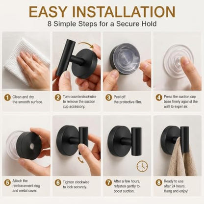 Black Suction Cup Towel Hooks for Shower No Drill Removable 2 Pack