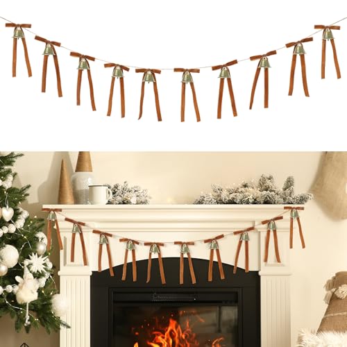 Khaki Christmas Jingle Bell Garland with Bows - Rustic Holiday Decor